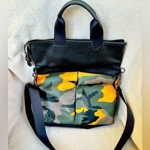 Coach leather green/ orange camo tote bag with strap.